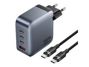 Napájecí nabíječka Vention 3x USB-C, 1x USB-A, (100W/100W/30W/30W) (šedá) s kabelem USB-C na USB-C (1m) (černá)