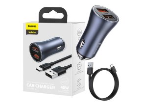 Ładowarka samochodowa Baseus Golden Contactor Pro, 2x USB, 40W (szara) + kabel USB do USB-C 1m (czarny)