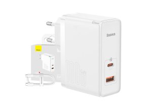 Nástěnná nabíječka Baseus GaN5 Pro USB-C + USB, 100W + 1m kabel (bílá)