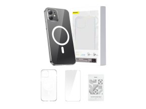 Pouzdro na telefon Baseus Magnetic Crystal Clear pro iPhone 12 (průhledné) s ochranným krytem displeje z tvrzeného skla a čisticí sadou