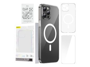 Pouzdro na telefon Baseus Magnetic Crystal Clear pro iPhone 12 Pro Max (průhledné) s ochranným krytem displeje z tvrzeného skla a čisticí sadou