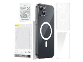 Pouzdro na telefon Baseus Magnetic Crystal Clear pro iPhone 13 (průhledné) s ochranným krytem displeje z tvrzeného skla a čisticí sadou