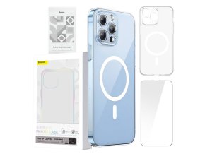 Pouzdro na telefon Baseus Magnetic Crystal Clear pro iPhone 13 Pro (průhledné) s ochranným krytem displeje z tvrzeného skla a čisticí sadou