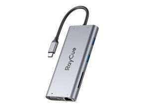Hub 11w1 RayCue USB-C do 2x USB-A 2.0 480Mbps + 3x USB-A 3.2 5Gbps + SD/TF 3.0 + HDMI 4K30Hz + VGA 1080p + RJ45 + PD 3.0 100W (sary)