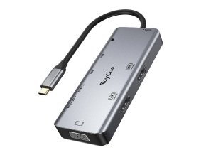 Hub 9in1 RayCue USB-C to 2x USB-A 3.0 5Gbps + 2x SD/TF 3.0 + 2x HDMI 4K30Hz + VGA 1080p + jack 3.5mm + PD 3.0 100W (gray)