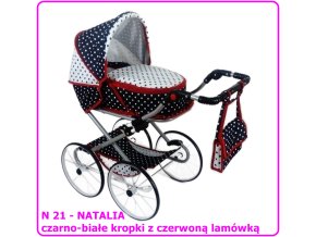 Wózek dla lalek głęboko-spacerowy NATALIA RETRO N21 czarno-biały kropki z czerwoną lamówką