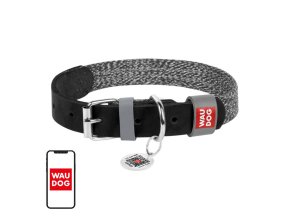 Dog collar made of natural leather and recycled material with QR code Waudog size S, width 15 mm, black