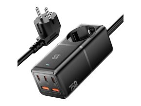 Wall charger, Essager, ECTAC-BRB01-Z, GaN, 3xUSB-C, 2xUSB-A, Gniazdko AC, 75W (black)