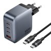 Napájecí nabíječka Vention 3x USB-C, 1x USB-A, (100W/100W/30W/30W) (šedá) s kabelem USB-C na USB-C (1m) (černá)