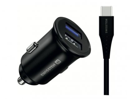 SWISSTEN CL kovový adaptér do auta 22,5 W (Huawei)+kabel USB-A/USB-C černý