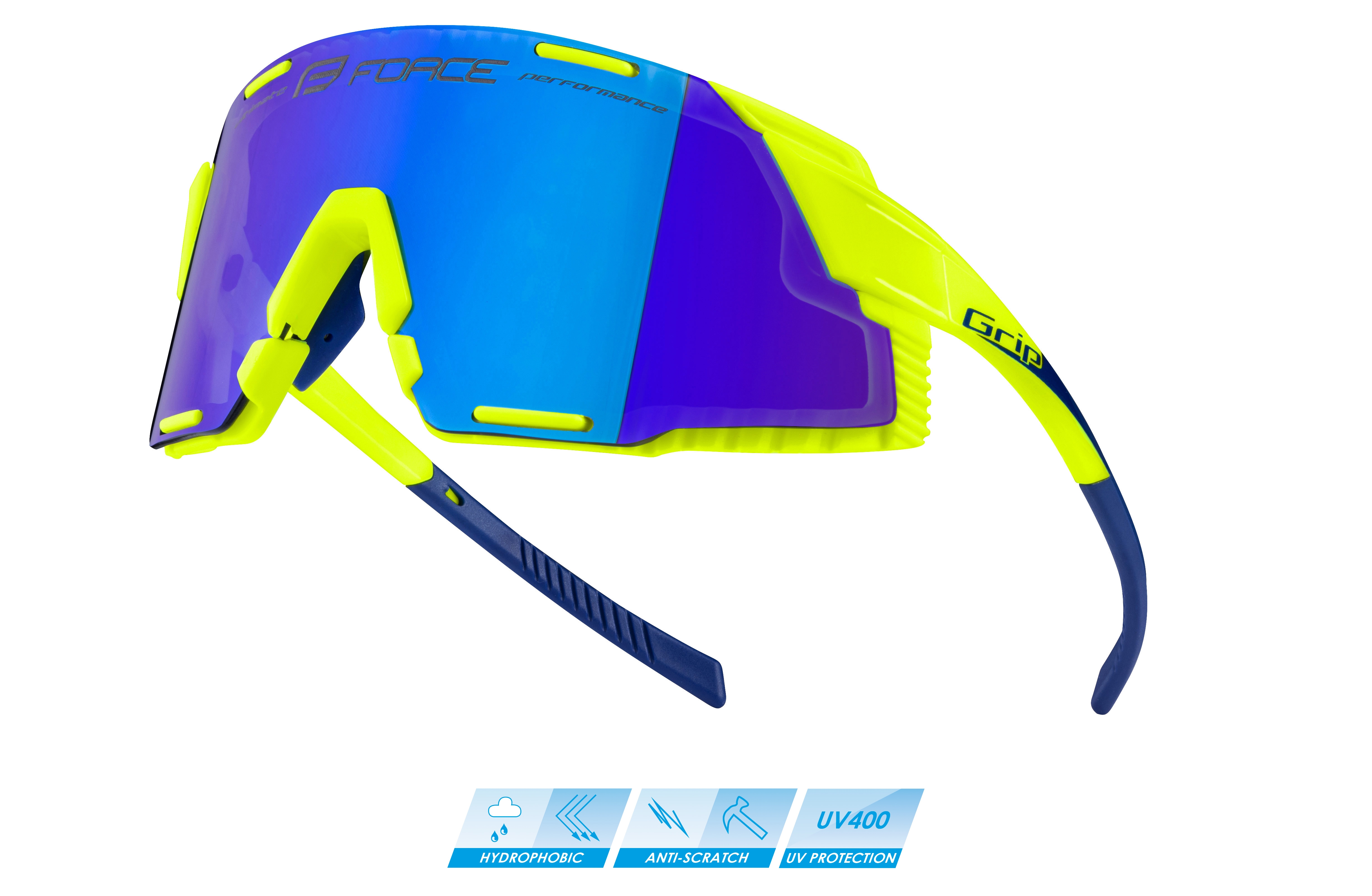 brýle FORCE GRIP fluo, modré revo sklo varianta: barva: fluo, skla: polykarbonátová, určení: cyklistické, Řada: Black line