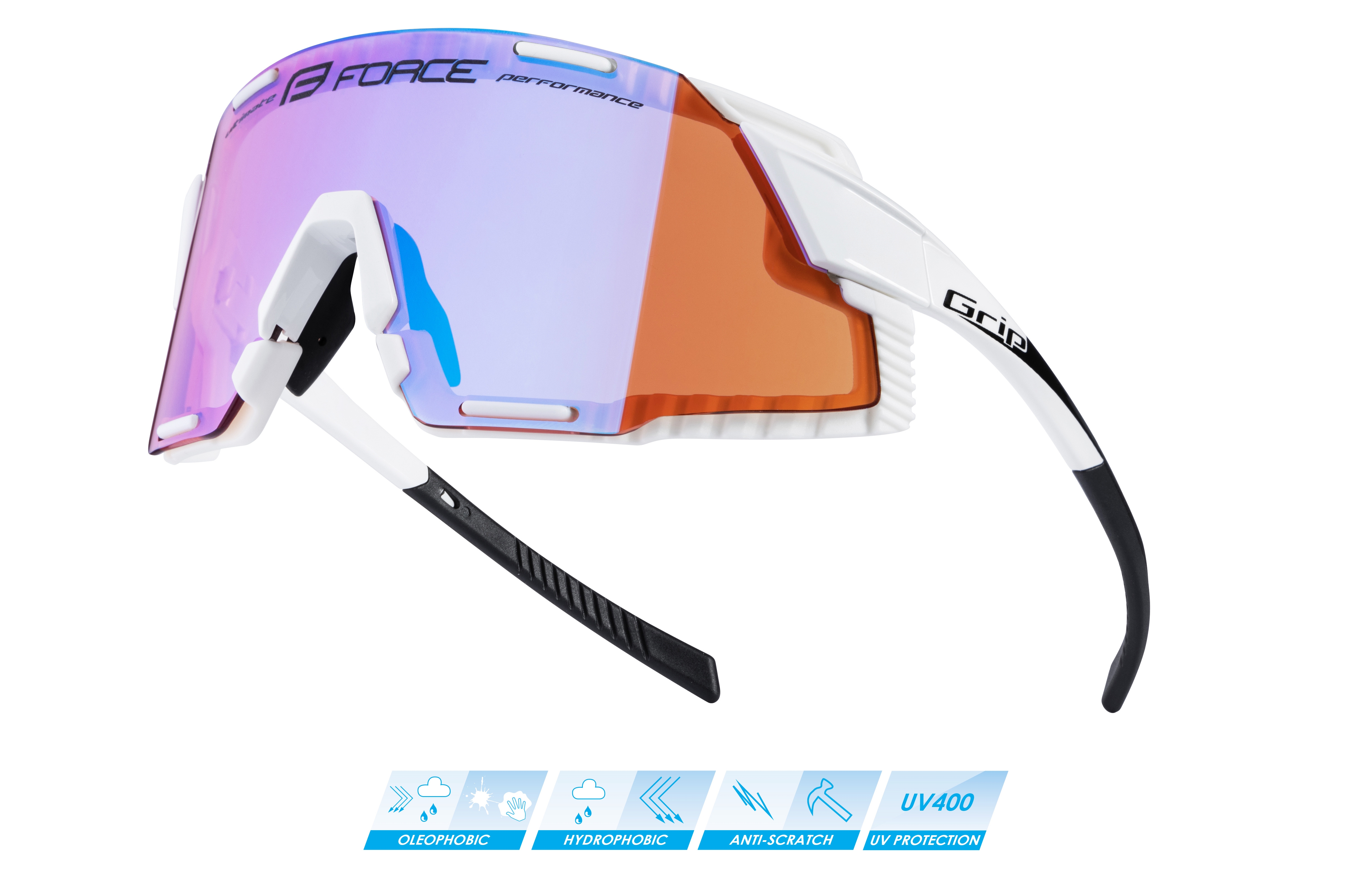 brýle FORCE GRIP bílé, fialové kontrast. sklo varianta: barva: bílá, skla: kontrastní, určení: cyklistické, Řada: Black line
