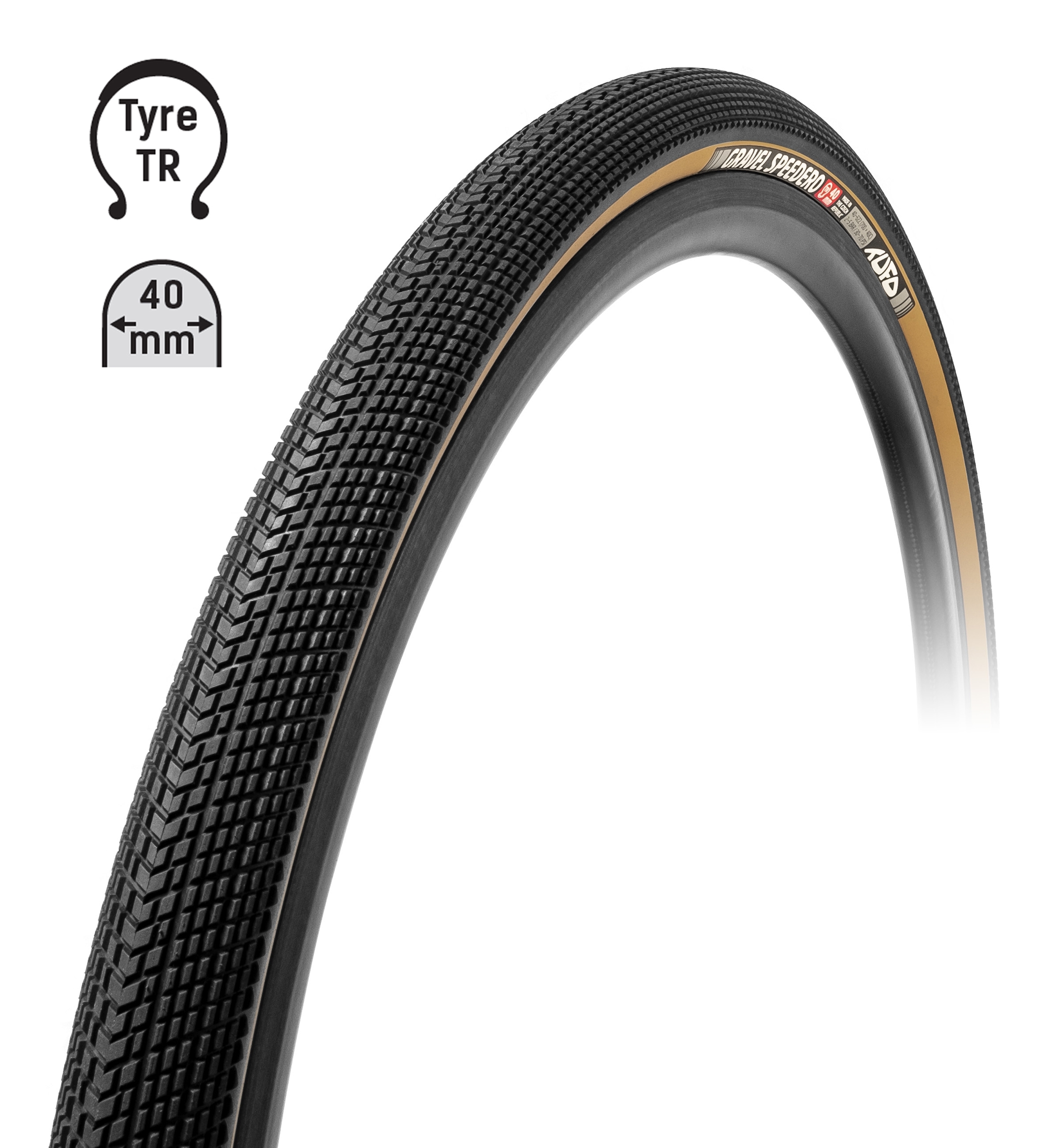 plášť TUFO Gravel SPEEDERO 700x40C, bezduš.črn/béž Typ: Tubeless Ready, rozměr: 700C, použití: Gravel