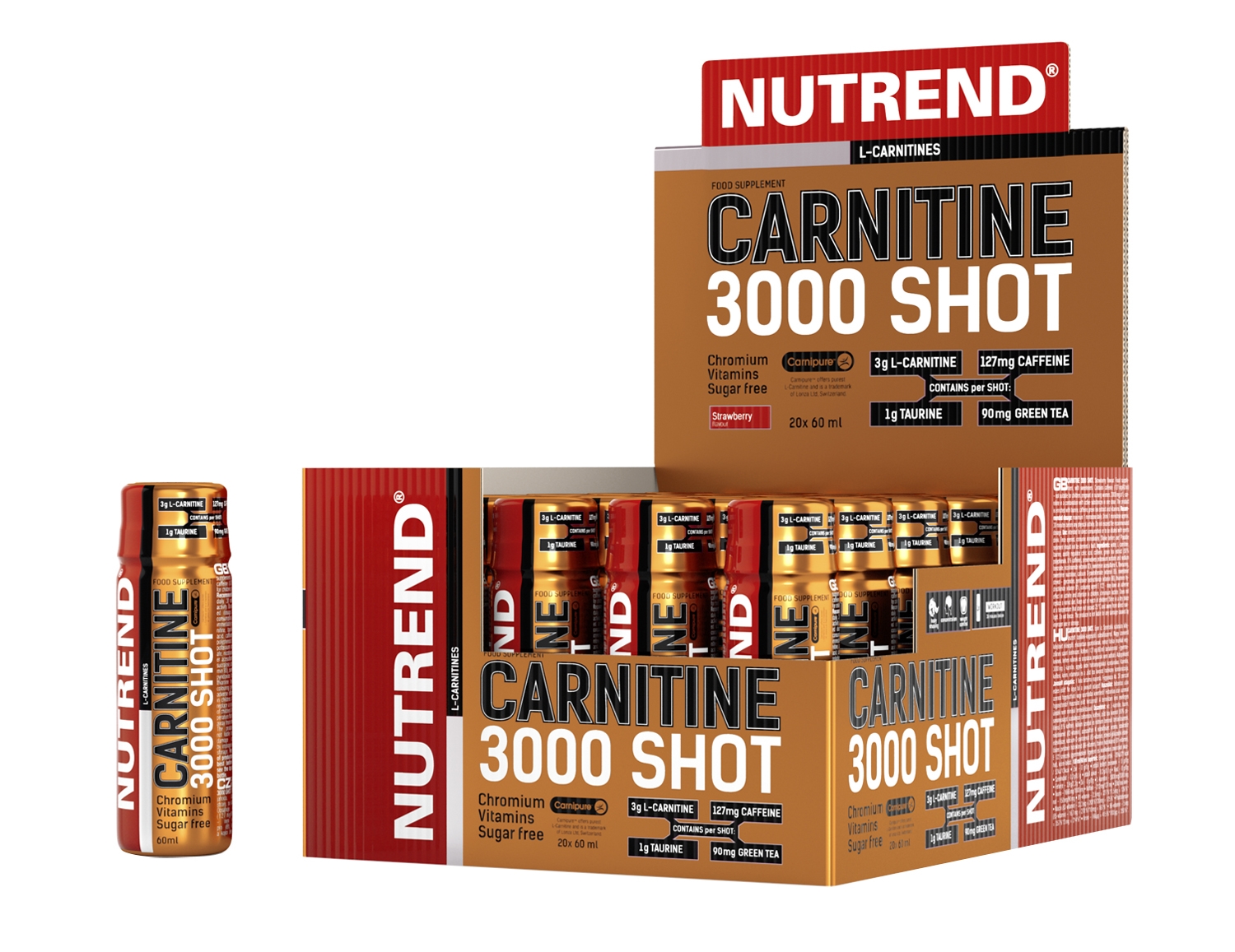 NUTREND CARNITINE 3000 SHOT,box-20 lahviček á 60ml, jahoda Typ: shoty, určení: příprava na sport, použití: před výkonem
