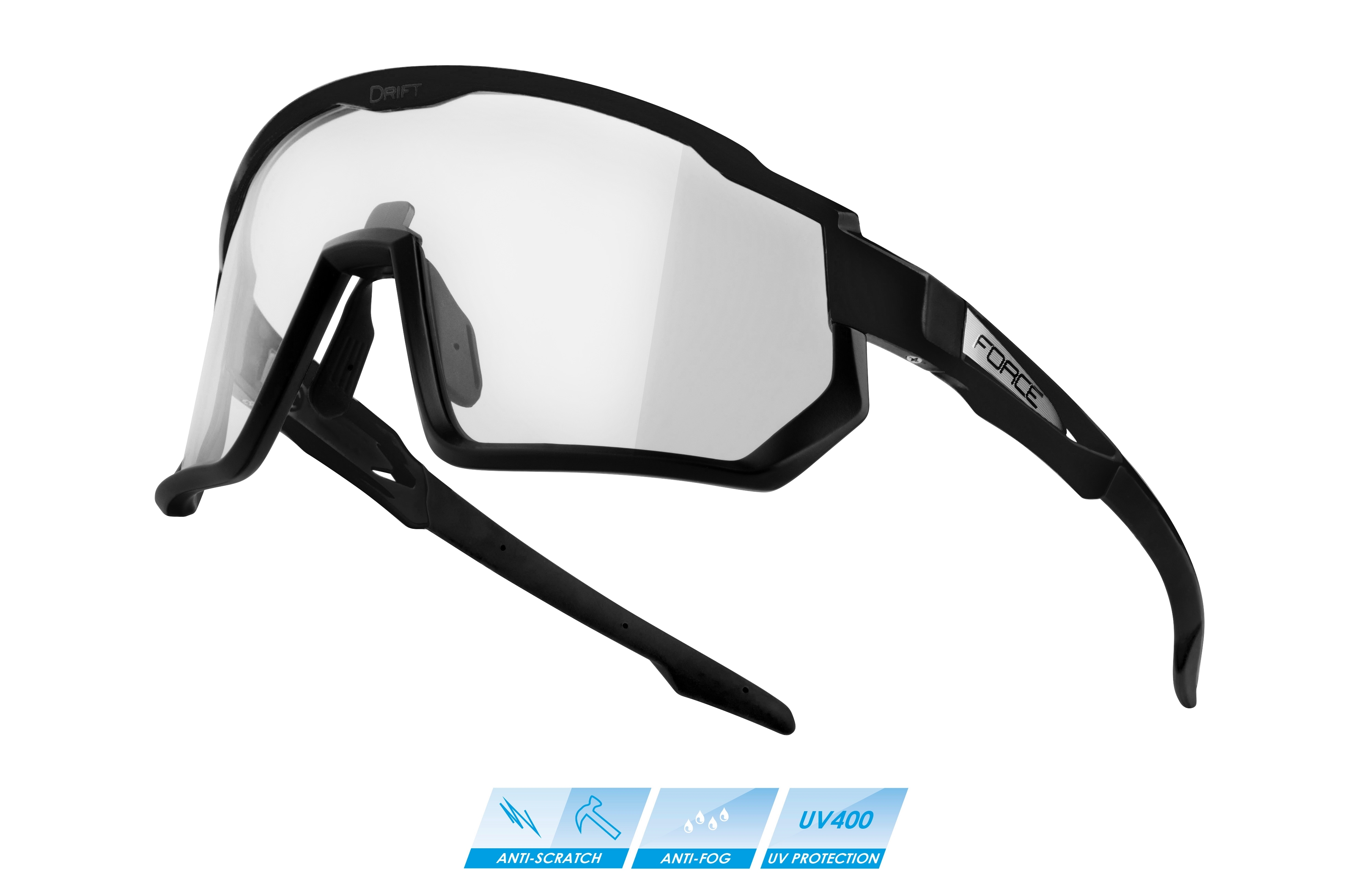 brýle FORCE DRIFT černé, fotochrom+černé sklo SADA Barva: Černá, určení: cyklistické, skla: fotochromatická