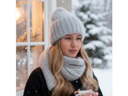 Dámsky vlnený čiapkový set z angory P-033 sivá TOP AKCIA!