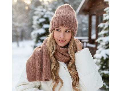 Dámsky vlnený čiapkový set z angory P-033 karamel TOP AKCIA!
