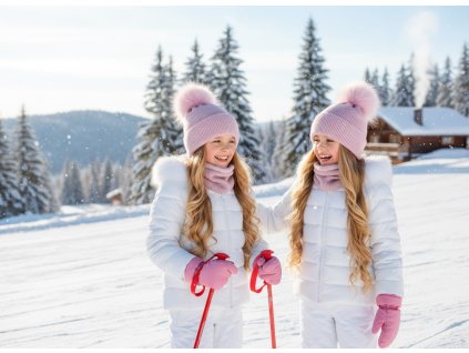 Set NIKOLA - čiapka s brmbolcom z pravej kožušiny a tunel - ružová TOP AKCIA!