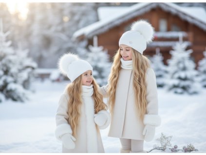 Luxusný baretkový set NIKOLA - čiapka s brmbolcom a tunel - biela TOP AKCIA!