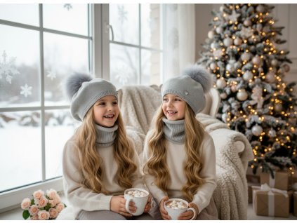 Luxusný baretkový set NIKOLA - čiapka s brmbolcom a tunel - sivá TOP AKCIA!