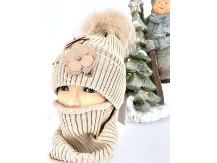 Luxusný čiapkový set TERES s bmbolcom z pravej kožušiny - beige TOP AKCIA!
