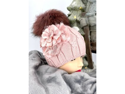 Luxusná čiapka TATIANA s brmbolcom z pravej kožušiny - pink