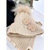 Luxusný čiapkový set TERES s bmbolcom z pravej kožušiny - beige TOP AKCIA!