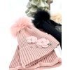 Luxusný čiapkový set TERES s bmbolcom z pravej kožušiny - pink TOP AKCIA!