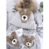 Luxusný čiapkový set TEDY s bmbolcom z pravej kožušiny - grey TOP AKCIA!
