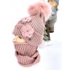 Luxusný čiapkový set TERES s bmbolcom z pravej kožušiny - pink