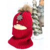 Luxusný čiapkový set CHANTAL s bmbolcom z pravej kožušiny - red