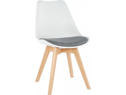 Bílá židle do kuchyně s čalouněným sedákem a dřevěnou podnoží
