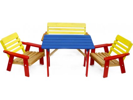 Dětská pestro barevná sestava nábytku stolek + židle, hnědá, červená, modrá, žlutá