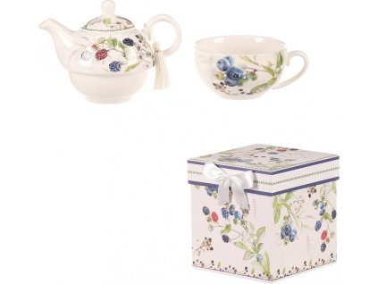 Konvička se šálkem - dárkový set v krabičce, porcelán, bílý s lesními plody