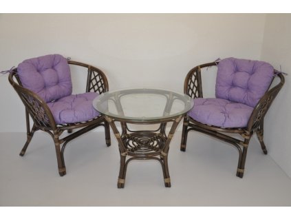 Ratanová sedací souprava Bahama hnědá 2+1, polstr fialový melír