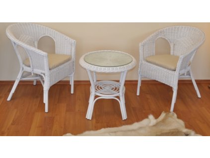 Ratanová sedací souprava Fabion bílá polstry béžový melír