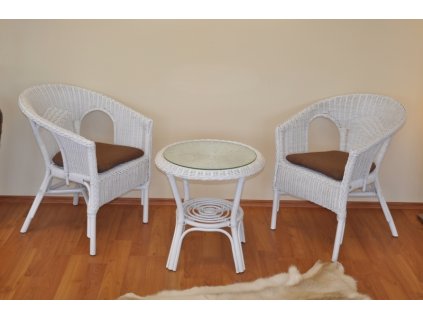 Ratanová sedací souprava Fabion bílá polstry hnědý melír