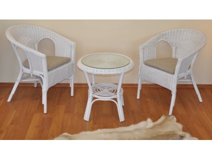 Ratanová sedací souprava Fabion bílá polstry tmavě béžový melír