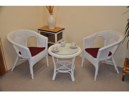 Ratanová sedací souprava Fabion bílá polstry vínové