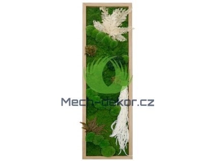 Mechový obraz v dubovém rámu s mixem mechů a  se stabilizovanými rostlinami - 140 x 40 cm