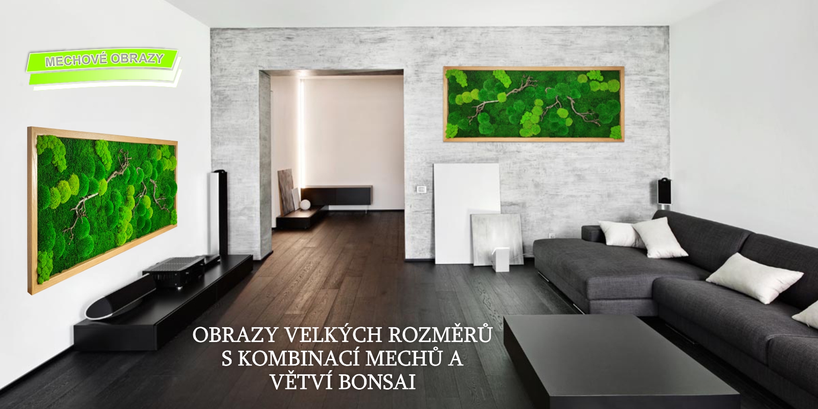 Velké mechové obrazy s mixem mechů a větvemi bonsai