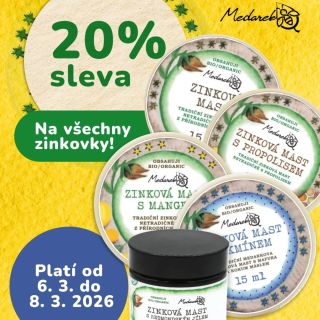 Víkendová sleva 20 % na všechny naše Zinkové masti právě odstartovala 🥳 Pro slevu není nutný žádný kód. Platí do vyprodání...