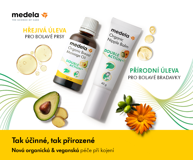 Novinka Medela organické a veganské portfolio, balzám na bradavky a masážní olej na prsy, banner mobil