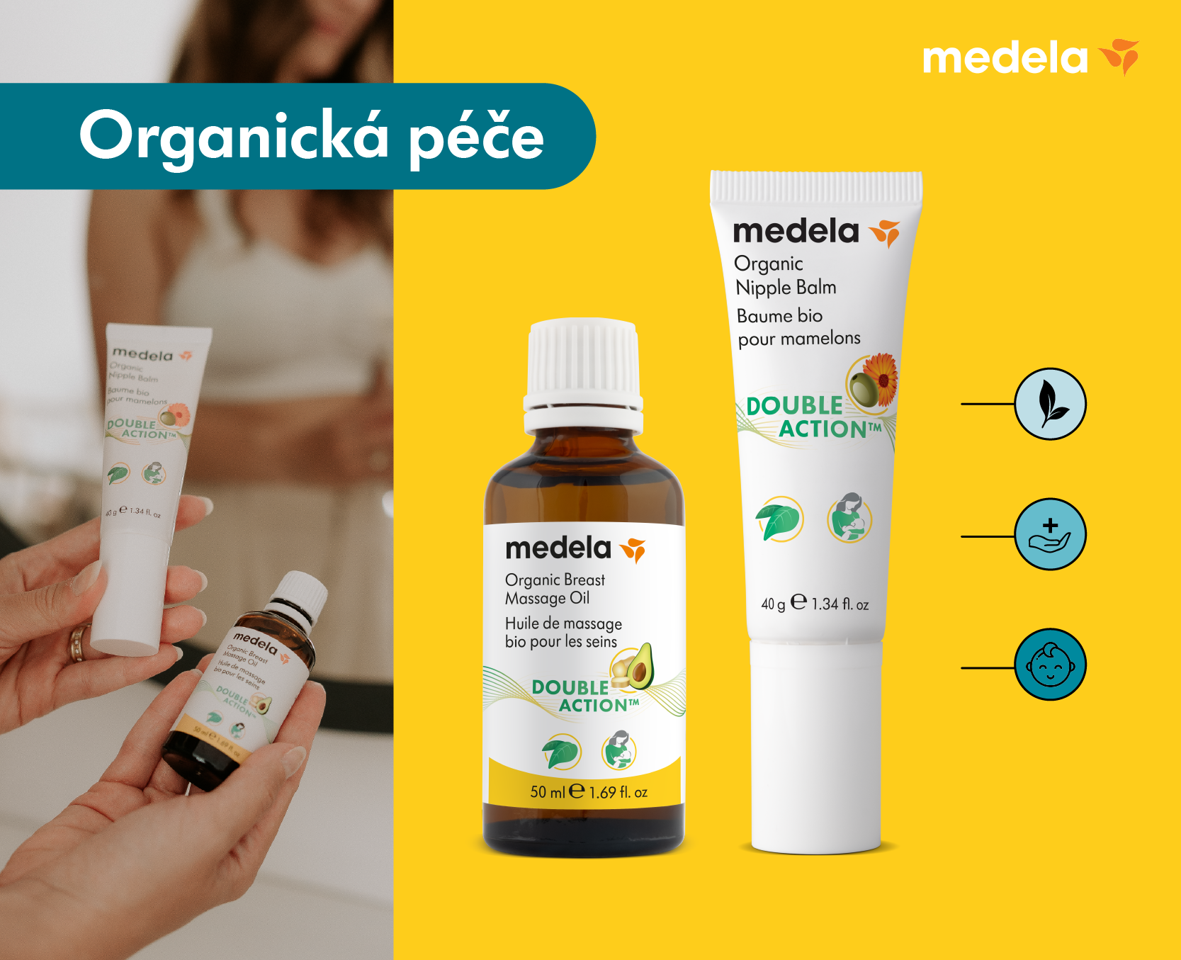 Novinka Medela organické a veganské portfolio, balzám na bradavky a masážní olej na prsy, banner mobil