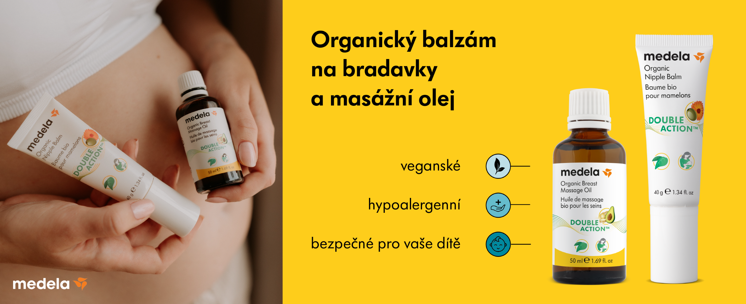Novinka Medela organické a veganské portfolio, balzám na bradavky a masážní olej na prsy, banner web