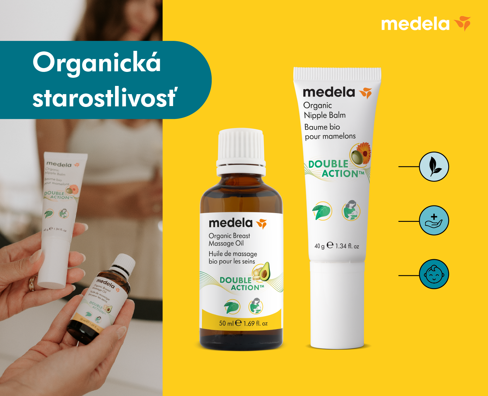 Novinka Medela organické a veganské portfólio, balzam na bradavky a masážny olej na prsia, banner mobil