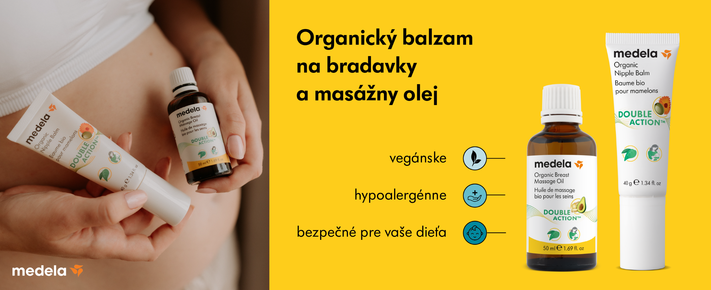 Novinka Medela organické a veganské portfólio, balzam na bradavky a masážny olej na prsia, banner web