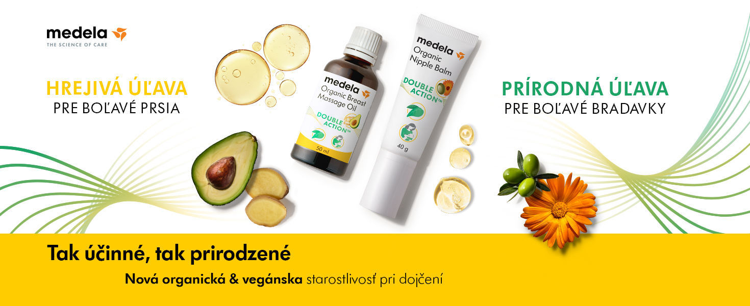 Novinka Medela organické a veganské portfólio, balzam na bradavky a masážny olej na prsia, banner web