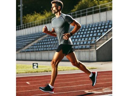 DALL·E 2025 05 19 10.51.28 A middle aged male runner, approximately 40 years old, running on an athletic track. He is wearing classic running shorts (trenky), a breathable athle (kopie)