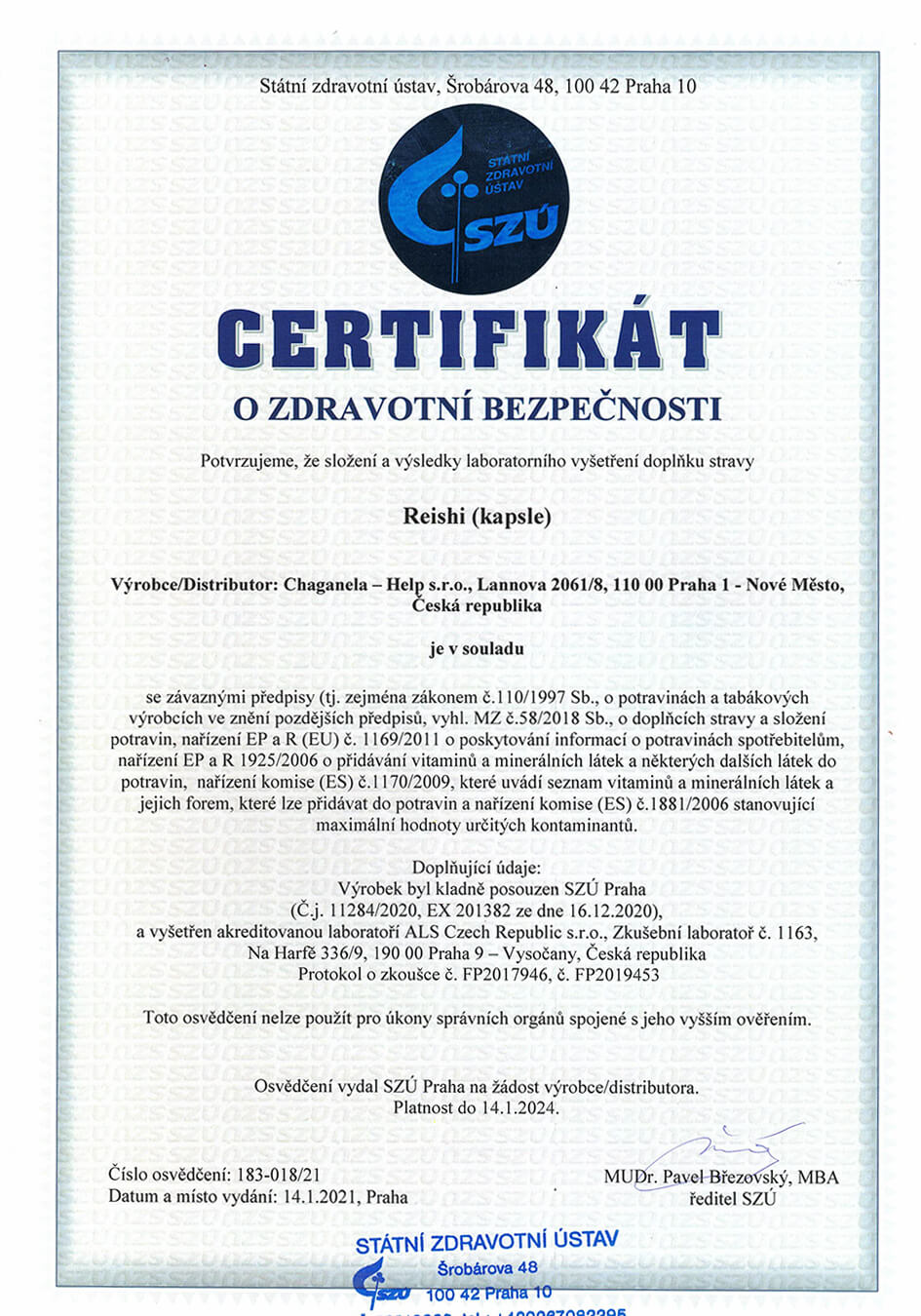 Certifikát o zdravotní bezpečnosti - Reishi (Kapsle)